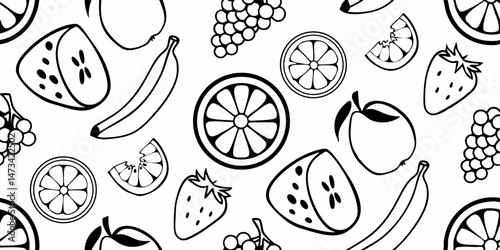 Delicious fruit pattern bananas watermelon strawberries oranges and grapes Bold black line art on
