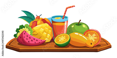 Tropical fruit platter with fresh juice vibrant colors wooden board summer vibes healthy eating