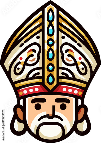 Cartoon Bishop Character with Ornate Mitre – Flat Vector Illustration for Religious and Fantasy Design
