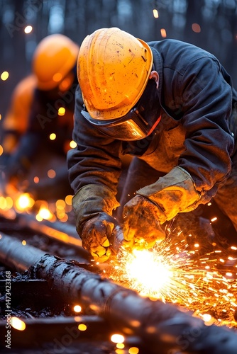 A welder wearing protective gear works on a metal pipe, sparks flying from the welding torch