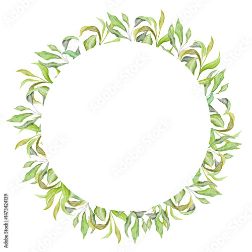 Elegant green leafy spring wreath, blueberry leaves. Romantic botanical watercolor circle frame, white background. Ideal arrangement for wedding, christening invitations, greeting card, save the date