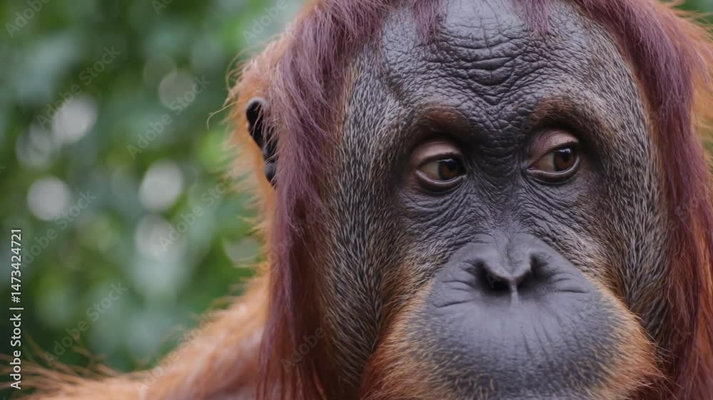 a close-up of an orangutan's face