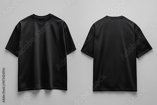black t shirt front and back view, isolated on light grey background. Ready for your mock up design template 