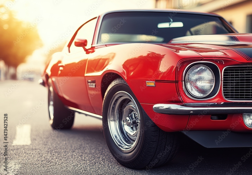Fototapeta premium Classic Red Muscle Car on City Street in Warm Sunlight