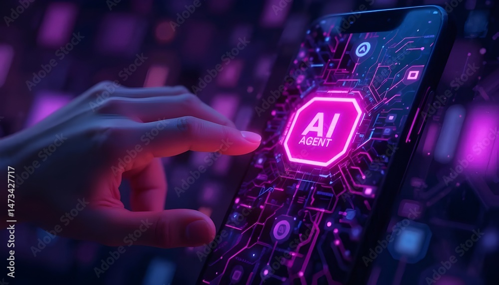 Obraz premium A glowing smartphone displaying the text AI agent highlighting artificial intelligen. Smartphone displaying 'AI Agent' in neon with circuit backdrop symbolizing tech future, ideal for mobile AI visual