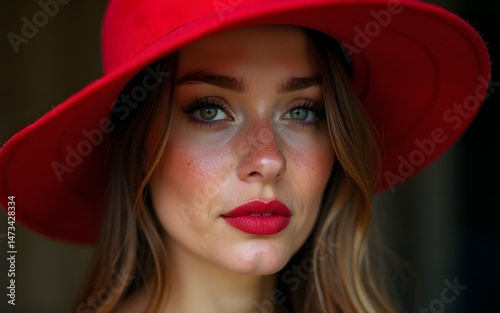 Closeup Portrait of a Freckled Woman in a Dramatic Red Hat. High quality photo