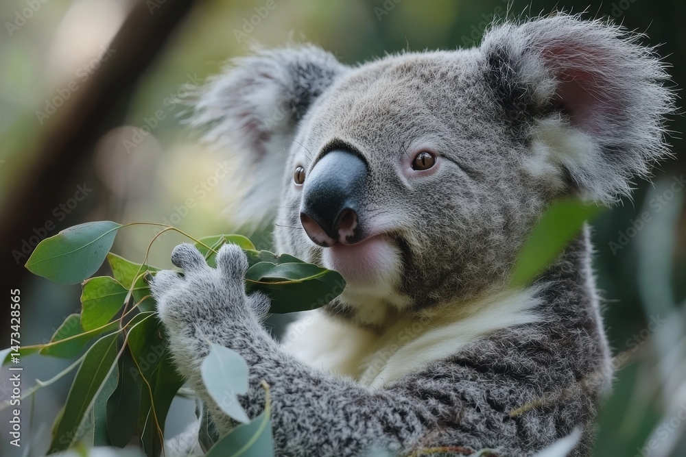 Obraz premium Koala bear enjoying gum tree leaves in Australia with vivid detail and natural behavior, Close up Koala Bear eating gum tree leaves Australia wild nature background
