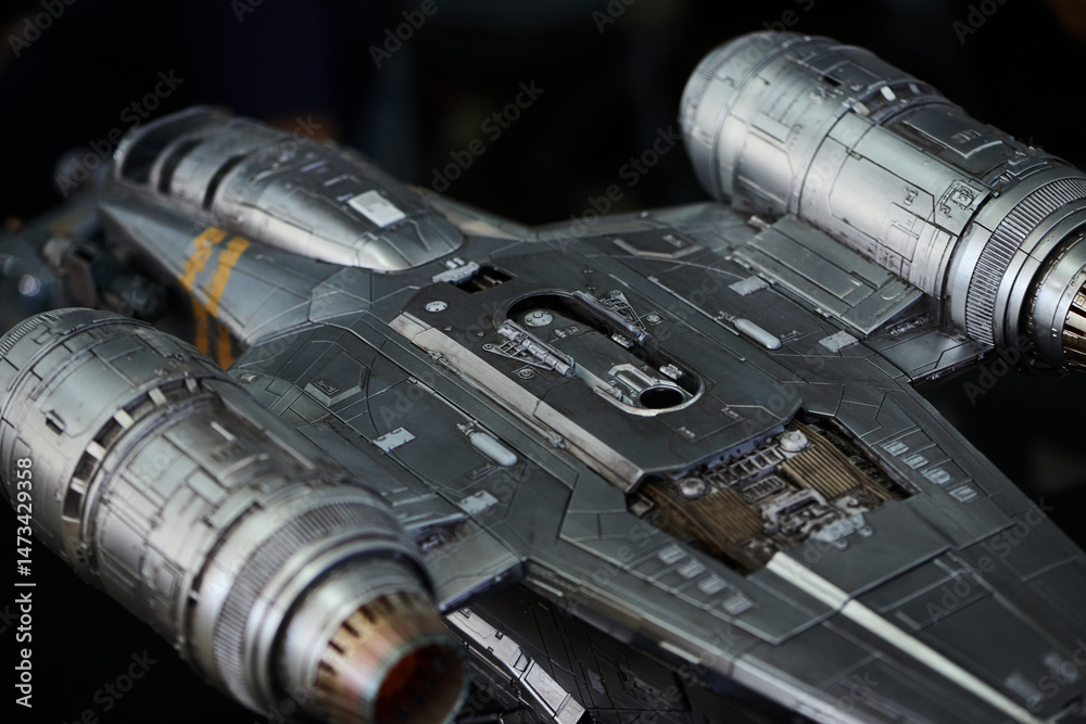 Naklejka premium Razor Crest ST-70 ship figure displayed in San Salvador on May 4, 2025 for Star Wars Day celebrations.