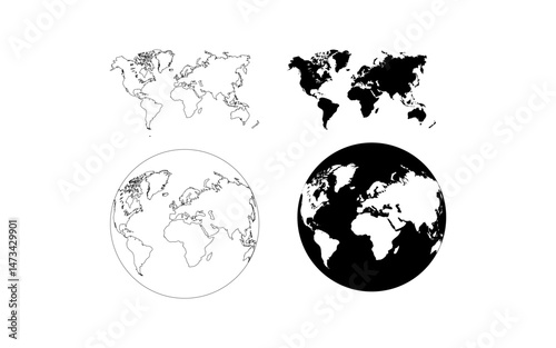 World map icon features four different representations suitable for educational materials, infographics, presentations, and travelrelated designs. Great for globalthemed projects.