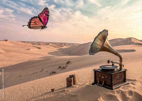 Surreal Desert Landscape with Butterfly and Gramophone