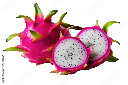 Close view of whole and halved dragon fruits on transparent background png