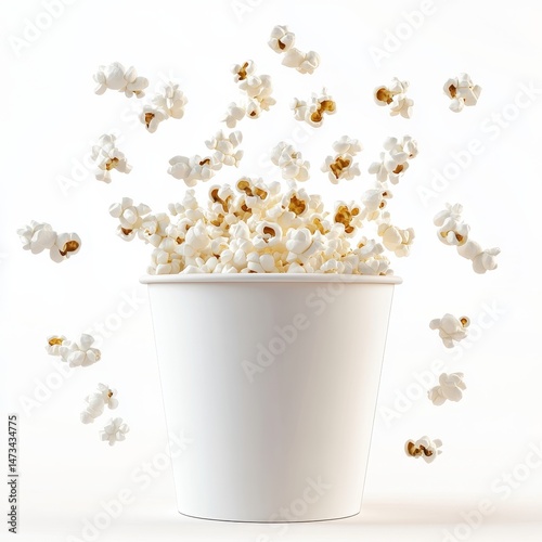White Paper Cup Overflowing with Popcorn Against White Background