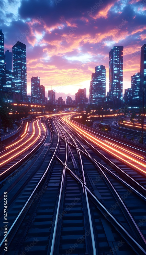 A view of a train track network leading into a bustling city skyline at dusk