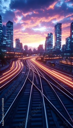 A view of a train track network leading into a bustling city skyline at dusk