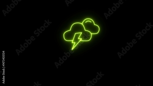 Neon lightning storm background. Glowing night storm icon with lightning and rain icon.