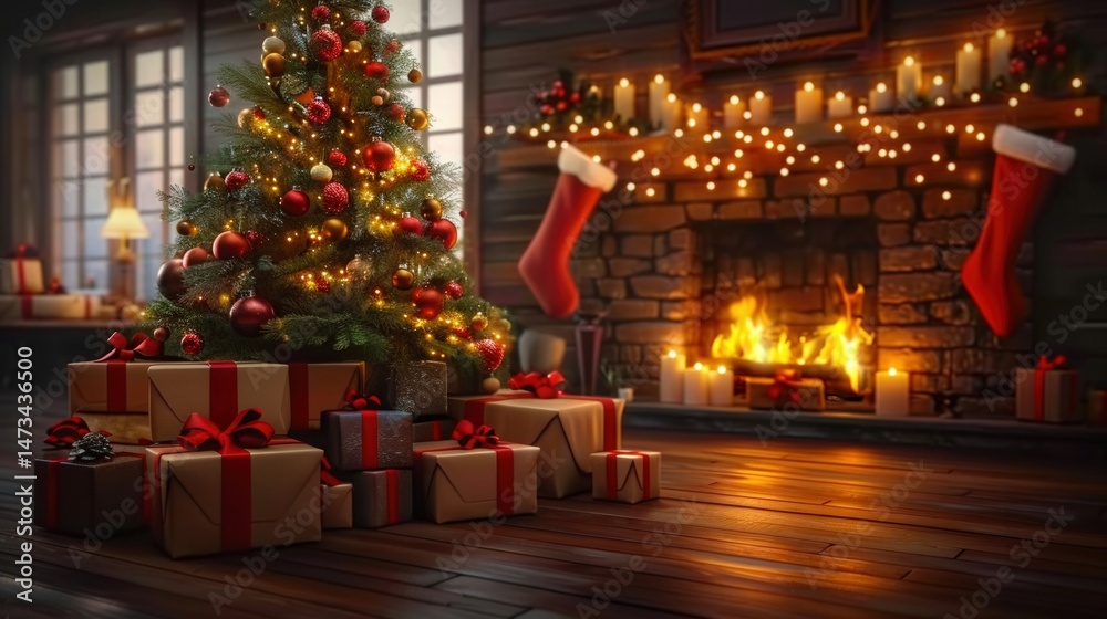 Obraz premium A beautifully decorated Christmas tree stands beside gifts, glowing with holiday lights in a cozy room.