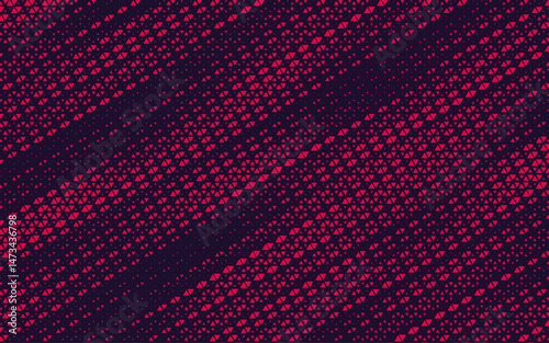 Triangular Red Halftone Texture Retro wave Vector Geometric Technology Abstract Background. Half Tone Triangles Retro Colored Pattern. Minimal 80s Style Dynamic Tech Structure Wallpaper