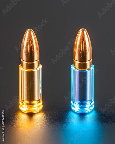 Two bullets, one with a gold-colored casing and the other with a blue-colored casing