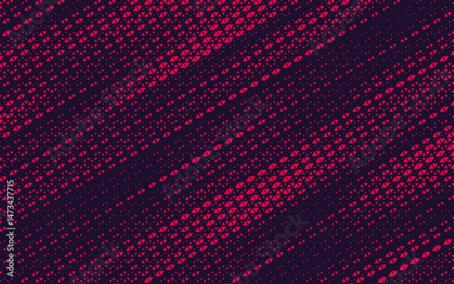 Triangular Red Halftone Texture Retro wave Vector Geometric Technology Abstract Background. Half Tone Triangles Retro Colored Pattern. Minimal 80s Style Dynamic Tech Structure Wallpaper