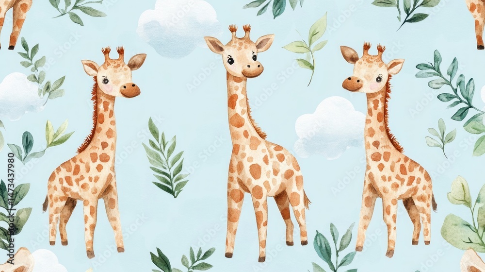 Obraz premium Cute giraffe pattern with leaves and clouds