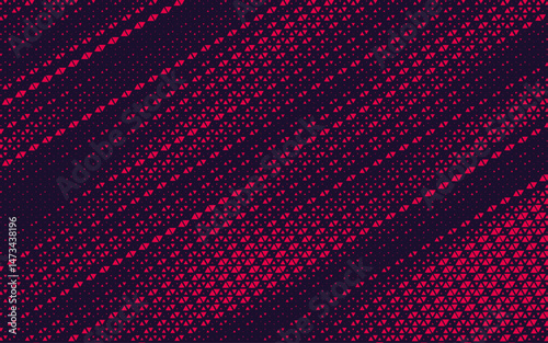 Triangular Red Halftone Texture Retro wave Vector Geometric Technology Abstract Background. Half Tone Triangles Retro Colored Pattern. Minimal 80s Style Dynamic Tech Structure Wallpaper