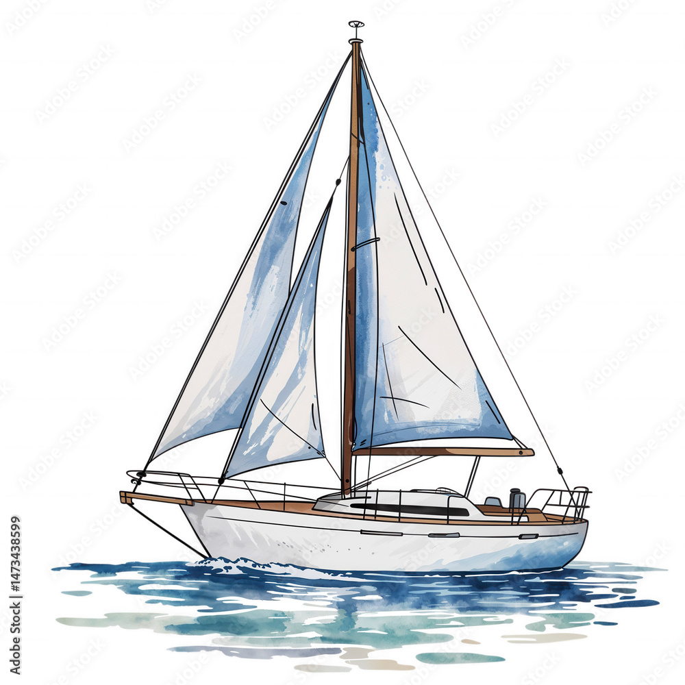 Fototapeta premium Sailboat gliding across calm waters with billowing sails under bright sunlight