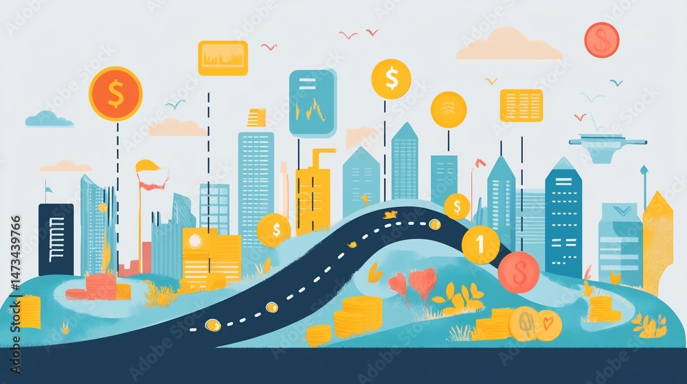 Fototapeta premium Stylized cityscape illustration showcasing financial growth and urban development