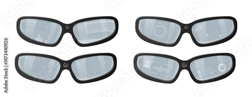 Four pairs of smart glasses showing augmented reality interfaces