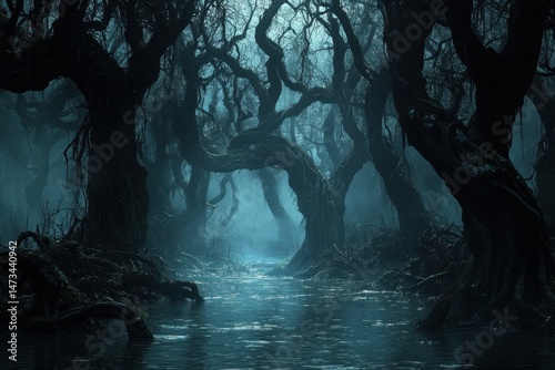 Dark and cursed swamp with twisted trees creates an eerie atmosphere at twilight, dark and cursed swamp with twisted trees, Seamless ing Photo background