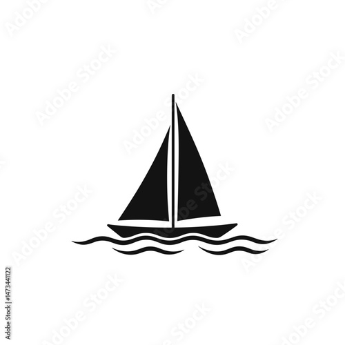 Sailboat sailing on waves in minimalist black and white style  
