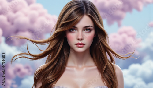 Beautiful young woman with flowing brown hair and soft pink clouds in the background ethereal beauty