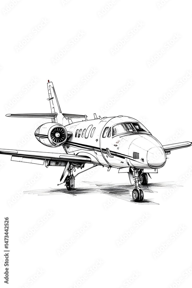 Fototapeta premium A detailed black and white line drawing of a private jet
