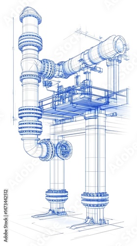 A detailed blueprint illustration of an industrial piping system with multiple valves and connections