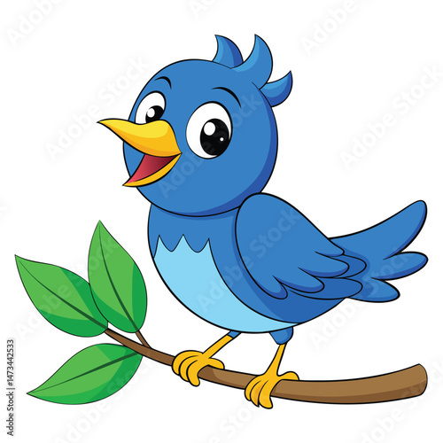 Cute Cartoon Blue Bird on Tree Branch – Happy Singing Bird Illustration for Kids