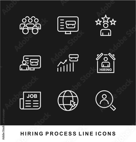 Hiring Process Line Icons. Recruitment, Job Application, Interview, Candidate Selection Vector Set