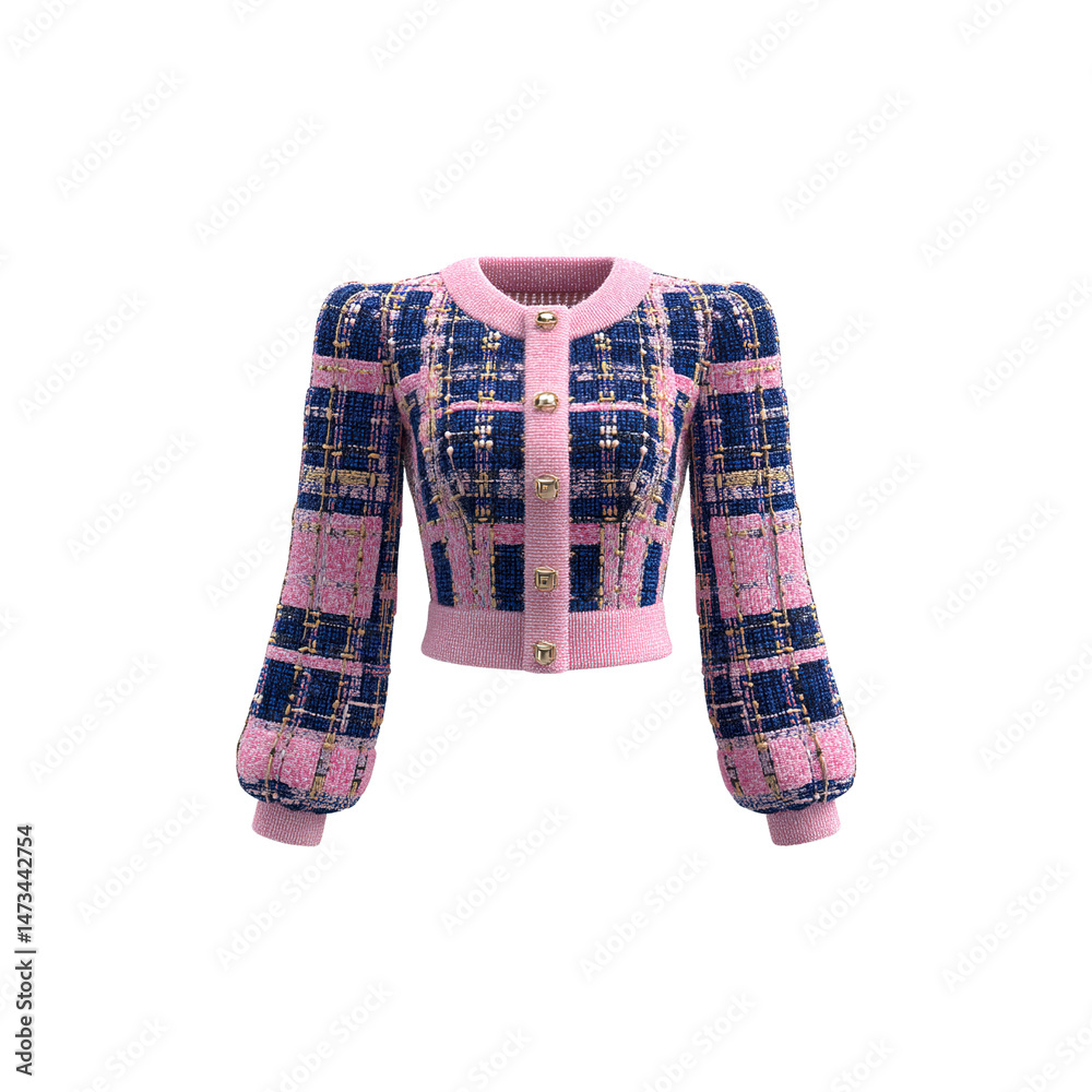 Obraz premium Pink and Blue Plaid Cropped Cardigan Sweater