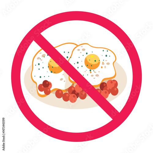 Forbidden sign with sunny side up egg icon, no egg allowed sign, eggs prohibition symbol, do not eat eggs symbol
