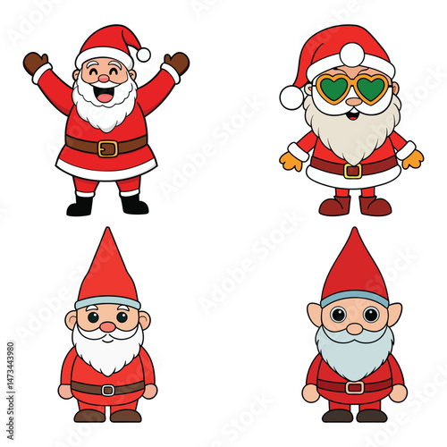 Set of Cartoon Santa Claus and Gnome Characters for Christmas