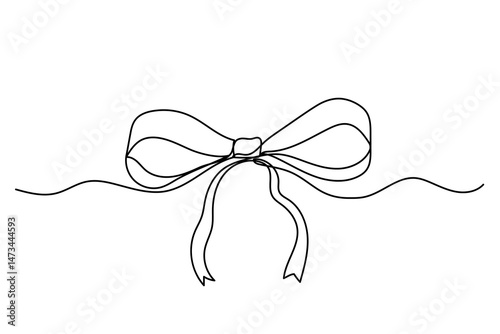 Coquette bow continuous line vector illustration, black drawing on white, cute doodle ribbon