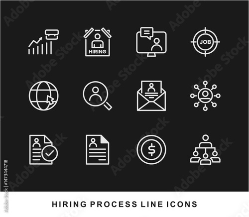 Hiring Process Line Icons. Recruitment, Job Application, Interview, Candidate Selection Vector Set