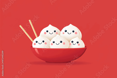 Cute cartoon dumplings in red bowl with happy faces and chopsticks on red background