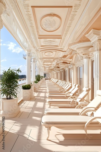A sun-drenched balcony with white lounge chairs, potted plants, and a view of the ocean