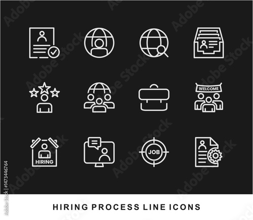 Hiring Process Line Icons. Recruitment, Job Application, Interview, Candidate Selection Vector Set