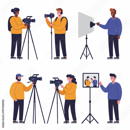 Vector set of 6 videographer characters in different poses. flat design, simple, minimalist style. plain white background