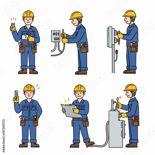 Vector set of 6 electrician characters in different poses. Flat design, simple, minimalist style. Plain white background.