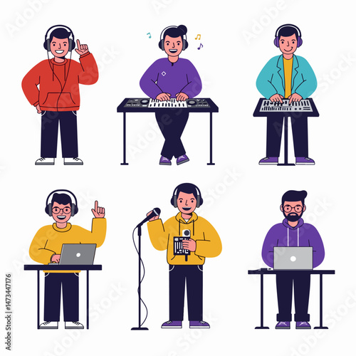 Vector set of 6 music producer characters in different poses. flat design, simple, minimalist style. plain white background