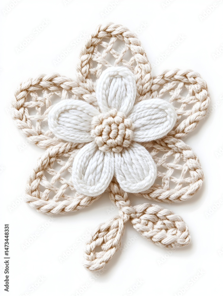 Fototapeta premium Delicate crocheted flower with a white center and beige petals, set against a white background