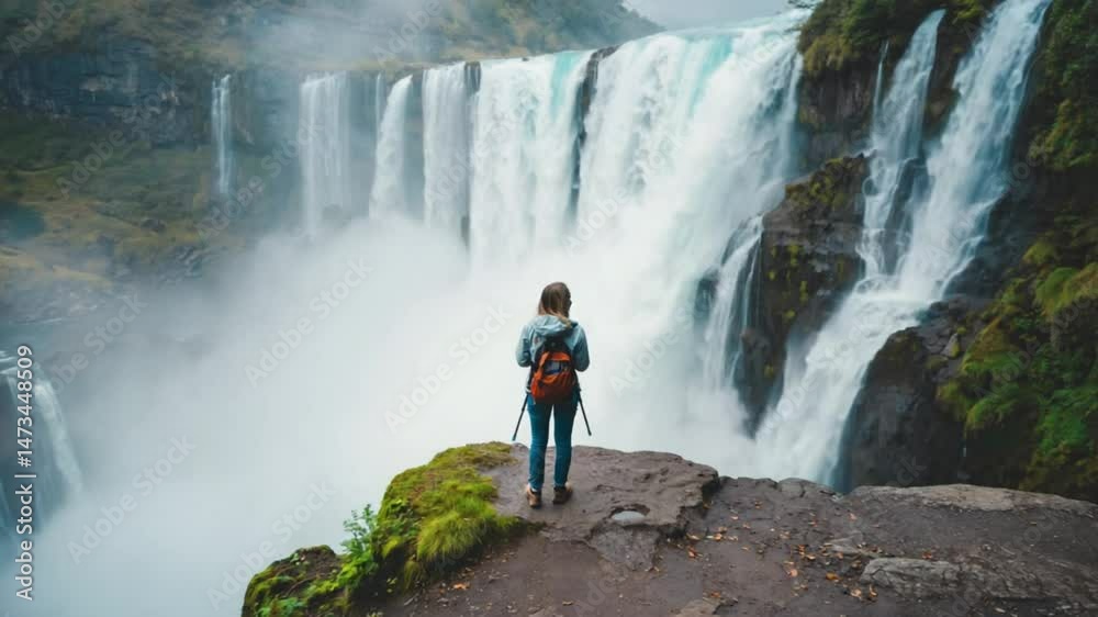 Solitary figure standing near a powerful waterfall. Evokes nature, travel, and a sense of awe. Solitary figure standing near a powerful waterfall. Evokes nature, travel, and a sense of awe.