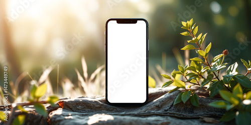 Smartphone with blank screen on natural outdoor background. Mockup for mobile app