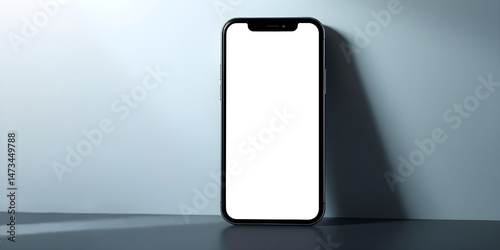 Smartphone with blank screen on minimalistic grey blue background. Mockup for mobile app